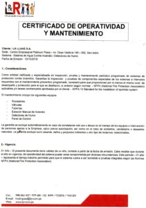Constancia, Certificado de Operatividad de Alarma Contra Incendio en San Isidro, Miraflores, Lima, Callao